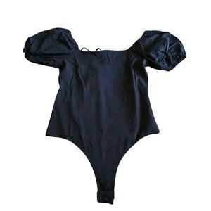 Bodysuit With Puff Short Sleeves Black Tie Back Women's Size Large